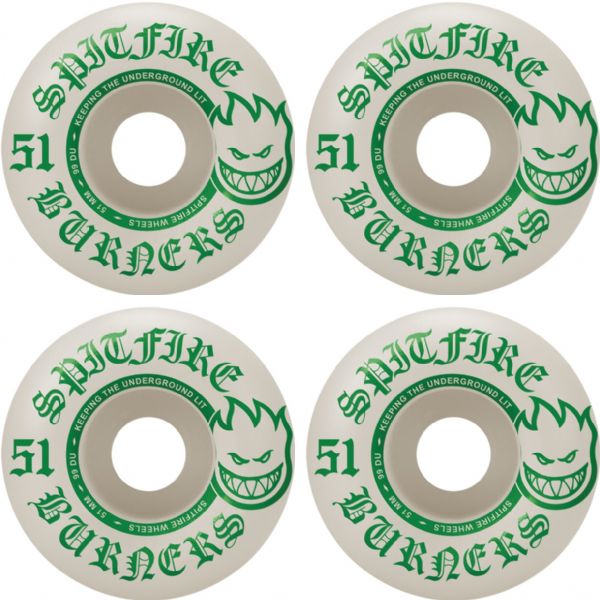 Spitfire Wheels Burners White / Green Skateboard Wheels - 51mm 99a (Set of 4)