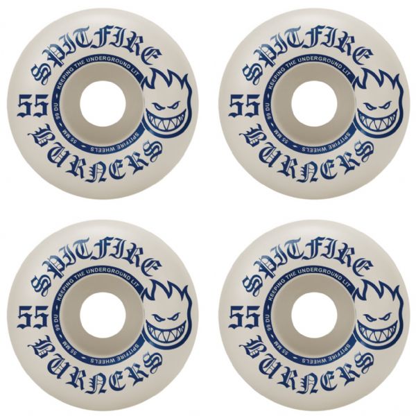 Spitfire Wheels Burners White / Blue Skateboard Wheels - 55mm 99a (Set of 4)