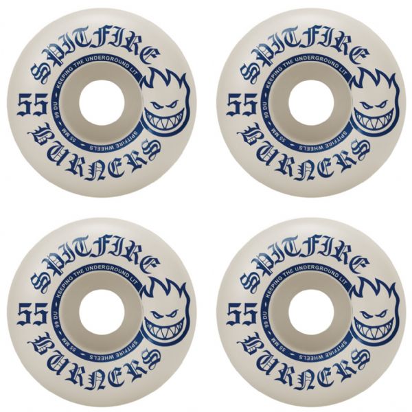 Spitfire Wheels Burners White / Blue Skateboard Wheels - 55mm 99a (Set of 4)