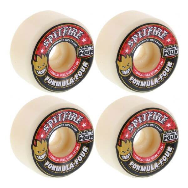 Spitfire Wheels Formula Four Conical Full White w/ Red Skateboard Wheels - 56mm 101a (Set of 4)