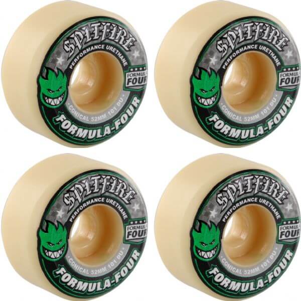 Spitfire Wheels Formula Four Conical White w/ Green & Black Skateboard Wheels - 52mm 101a (Set of 4)