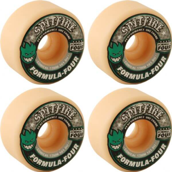 Spitfire Wheels Formula Four Conical White w/ Green & Black Skateboard Wheels - 53mm 101a (Set of 4)