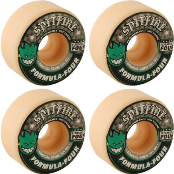 Spitfire Wheels Formula Four Conical White w/ Green & Black Skateboard Wheels - 54mm 101a (Set of 4)