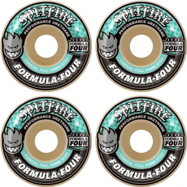 Spitfire Wheels Formula Four Conical Full White / Turquoise Skateboard Wheels - 54mm 97a (Set of 4) Spitfire Wheels Formula Four Conical Full White / Turquoise Skateboard Wheels - 54mm 97a (Set of 4)