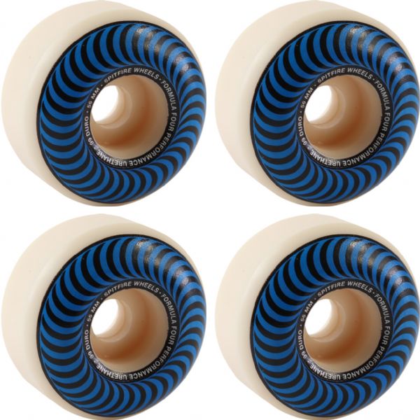 Spitfire Wheels Formula Four Classic Swirl White w/ Blue Skateboard Wheels - 56mm 99a (Set of 4)