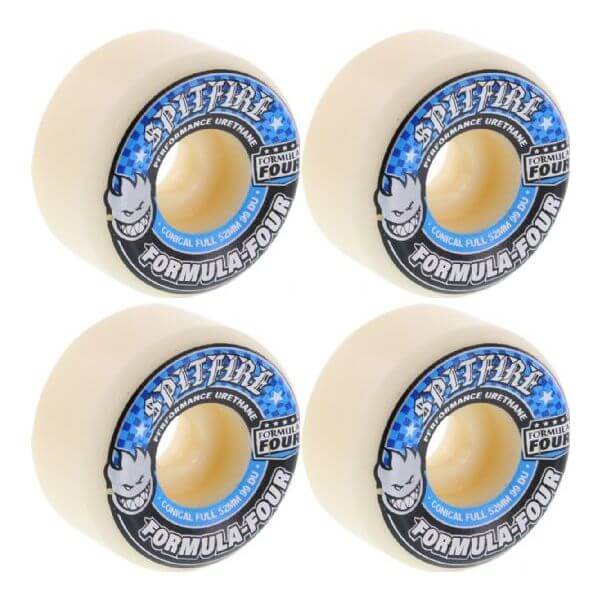 Spitfire Wheels Formula Four Conical Full White w/ Blue Skateboard Wheels - 52mm 99a (Set of 4)