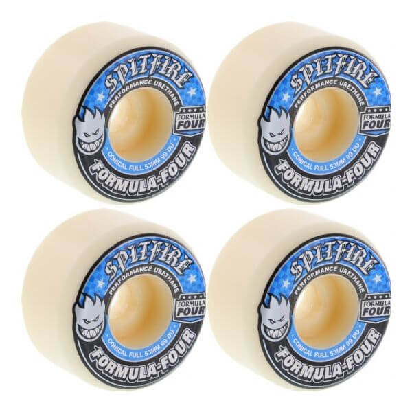 Spitfire Wheels Formula Four Conical Full White w/ Blue Skateboard Wheels - 53mm 99a (Set of 4)