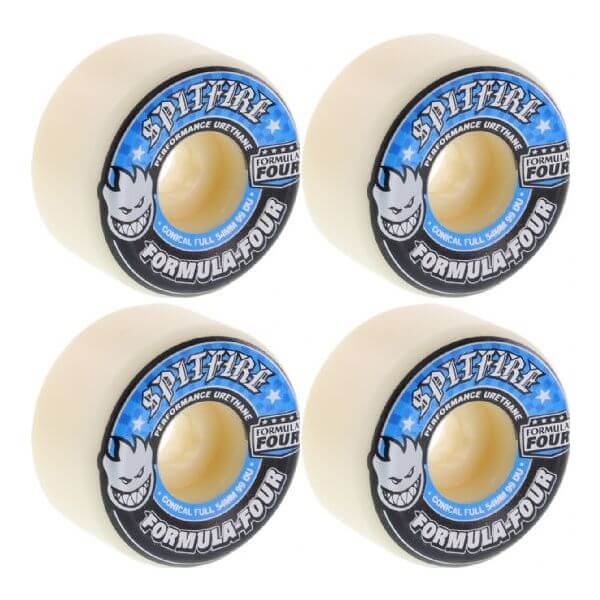 Spitfire Wheels Formula Four Conical Full White w/ Blue Skateboard Wheels - 54mm 99a (Set of 4)