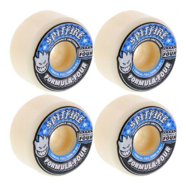 Spitfire Wheels Formula Four Conical Full White w/ Blue Skateboard Wheels - 56mm 99a (Set of 4)