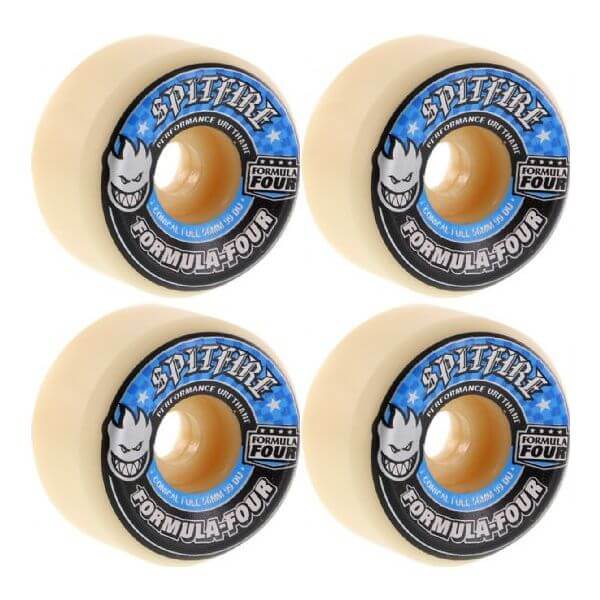 Spitfire Wheels Formula Four Conical Full White w/ Blue Skateboard Wheels - 58mm 99a (Set of 4)