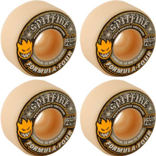 Spitfire Wheels Formula Four Conical White w/ Yellow & Black Skateboard Wheels - 52mm 99a (Set of 4)