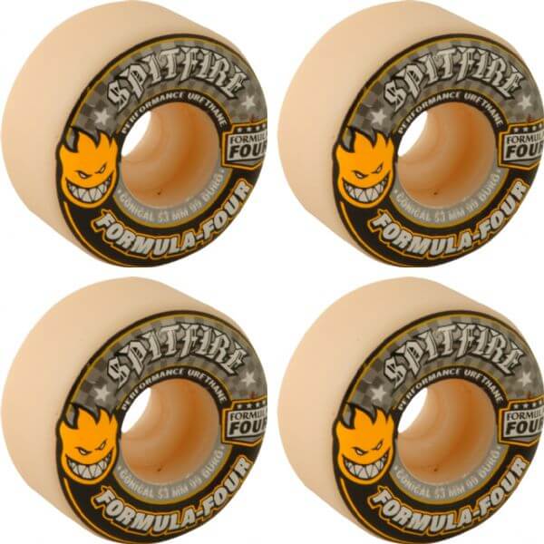 Spitfire Wheels Formula Four Conical White w/ Yellow & Black Skateboard Wheels - 53mm 99a (Set of 4)