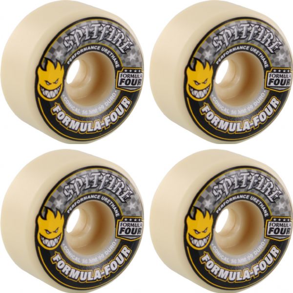 Spitfire Wheels Formula Four Conical White w/ Yellow & Black Skateboard Wheels - 56mm 99a (Set of 4)