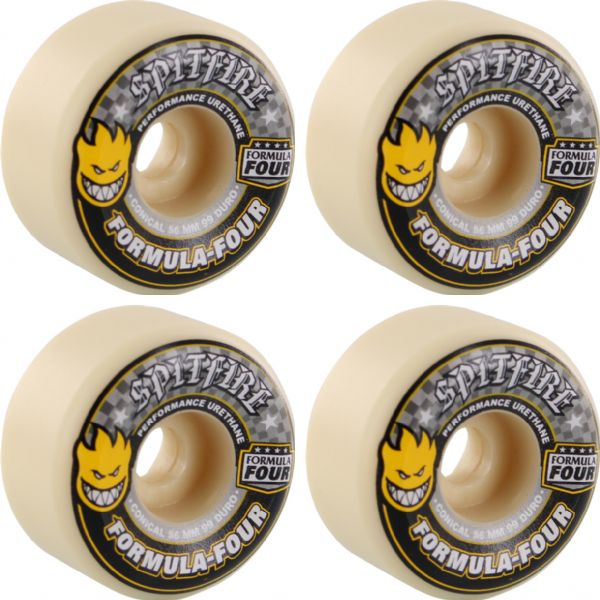 Spitfire Wheels Formula Four Conical White w/ Yellow & Black Skateboard Wheels - 56mm 99a (Set of 4)