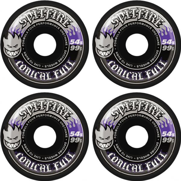 Spitfire Wheels Formula Four Conical Full Black / Silver / Purple Skateboard Wheels - 54mm 99a (Set of 4) Spitfire Wheels Formula Four Conical Full Black / Silver / Purple Skateboard Wheels - 54mm 99a (Set of 4)
